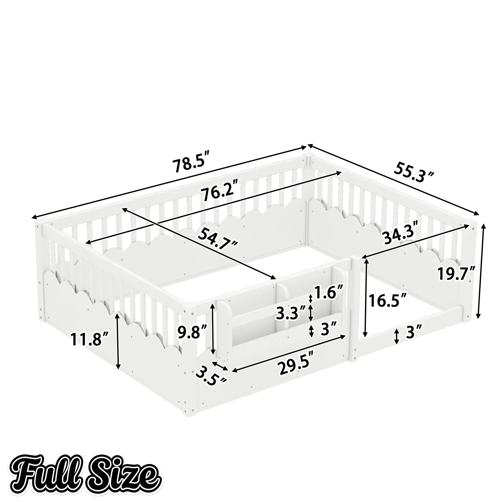 Bellemave® Queen Size Floor Bed for Kids with Heightened Safety Fence & Bookshelf, Low Profile Wood Platform Bed Frame with Storage, White - Bellemave