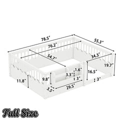 Bellemave® Queen Size Floor Bed for Kids with Heightened Safety Fence & Bookshelf, Low Profile Wood Platform Bed Frame with Storage, White - Bellemave