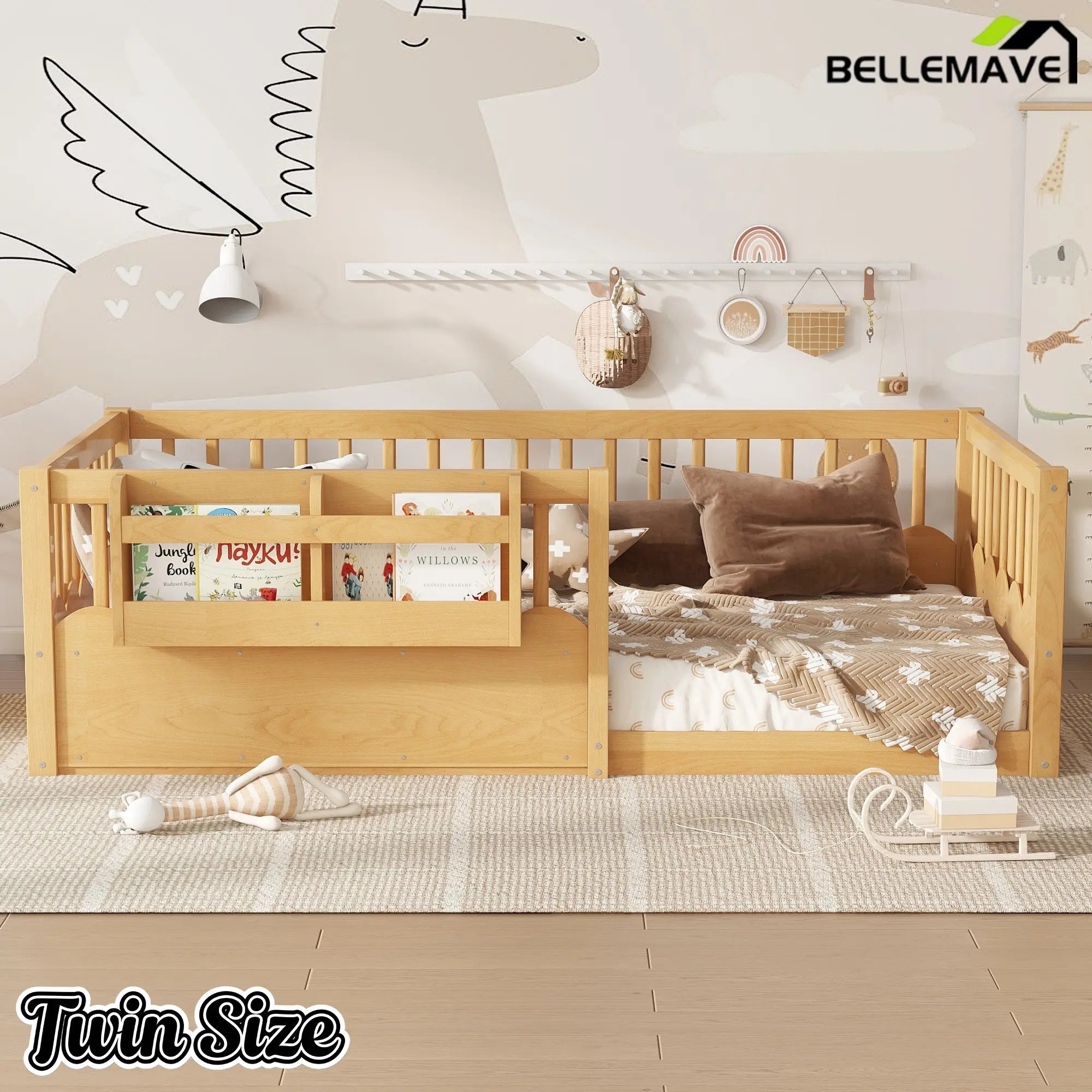 Bellemave® Queen Size Floor Bed for Kids with Heightened Safety Fence & Bookshelf, Low Profile Wood Platform Bed Frame with Storage, White - Bellemave