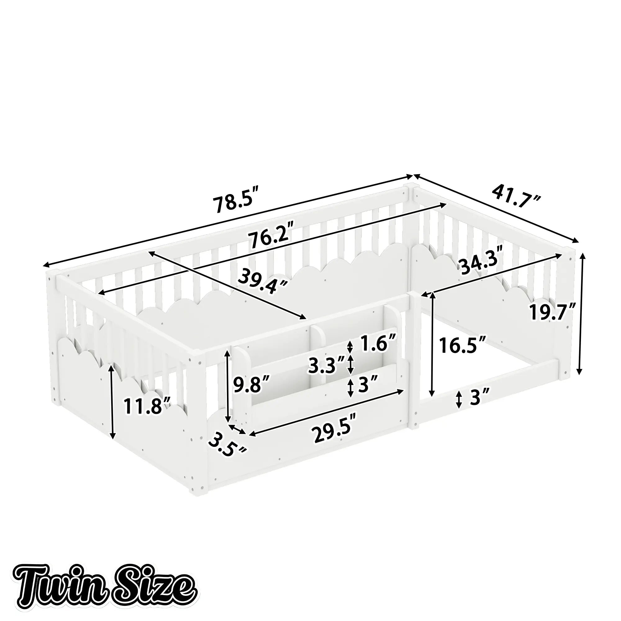 Bellemave® Queen Size Floor Bed for Kids with Heightened Safety Fence & Bookshelf, Low Profile Wood Platform Bed Frame with Storage, White - Bellemave
