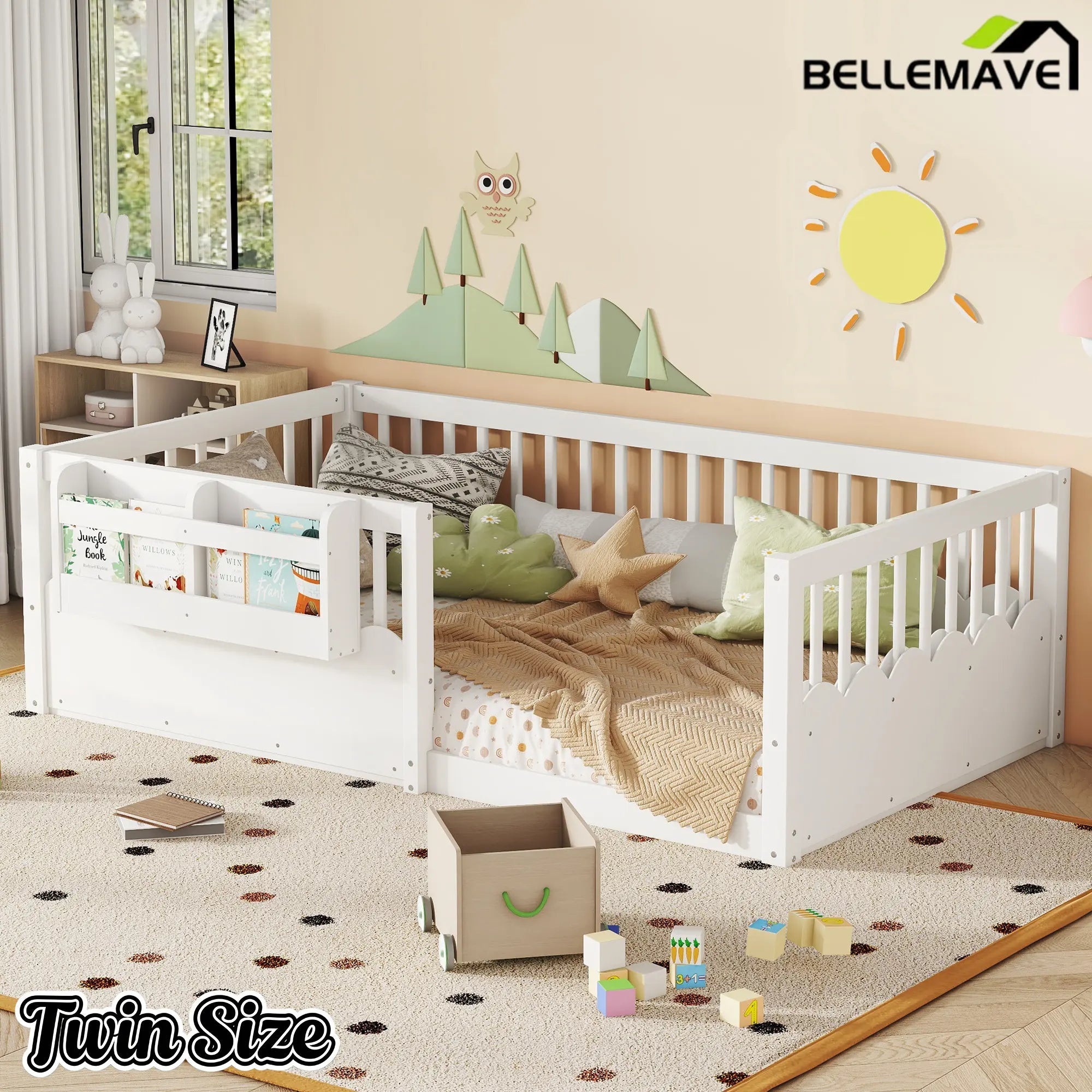 Bellemave® Queen Size Floor Bed for Kids with Heightened Safety Fence & Bookshelf, Low Profile Wood Platform Bed Frame with Storage, White - Bellemave