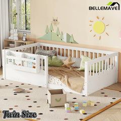Bellemave® Queen Size Floor Bed for Kids with Heightened Safety Fence & Bookshelf, Low Profile Wood Platform Bed Frame with Storage, White - Bellemave