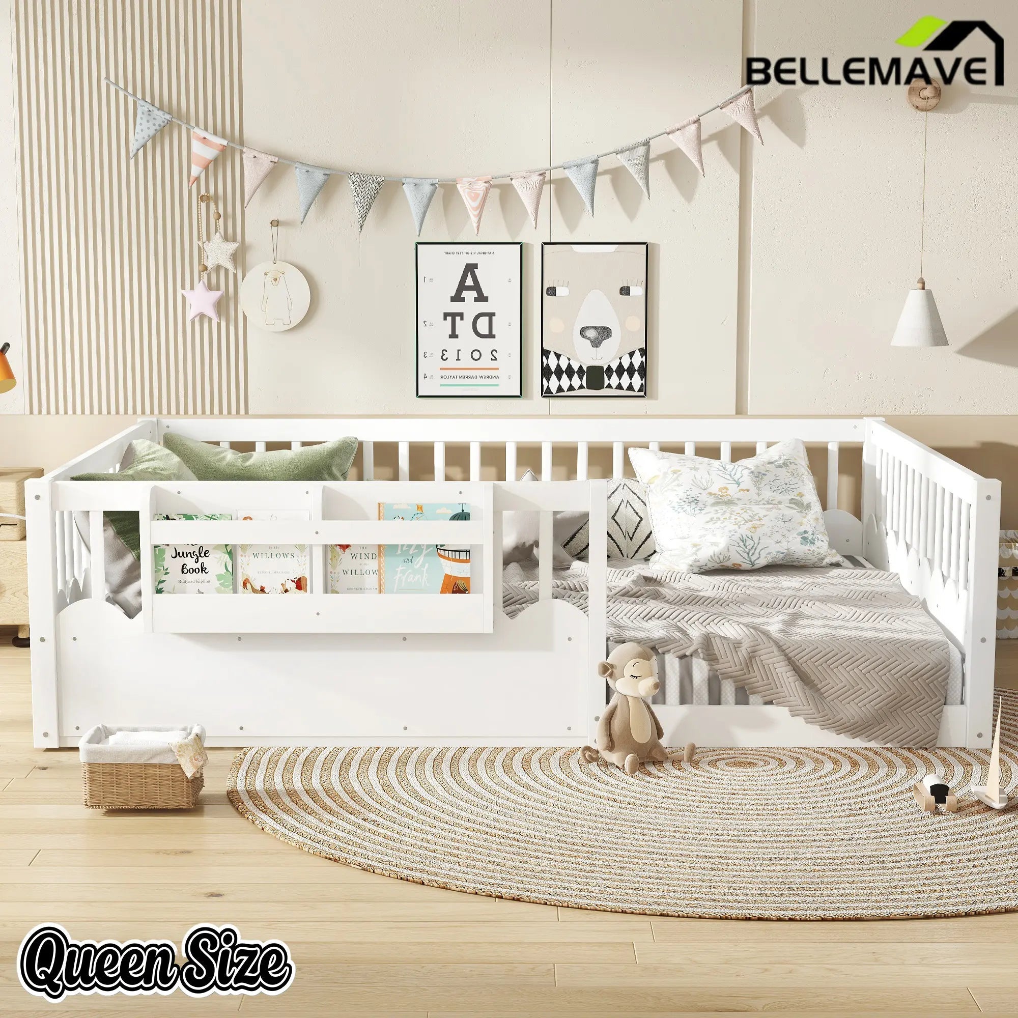Bellemave® Queen Size Floor Bed for Kids with Heightened Safety Fence & Bookshelf, Low Profile Wood Platform Bed Frame with Storage, White - Bellemave