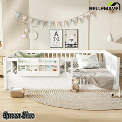 Bellemave® Queen Size Floor Bed for Kids with Heightened Safety Fence & Bookshelf, Low Profile Wood Platform Bed Frame with Storage, White - Bellemave