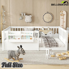 Bellemave® Queen Size Floor Bed for Kids with Heightened Safety Fence & Bookshelf, Low Profile Wood Platform Bed Frame with Storage, White - Bellemave
