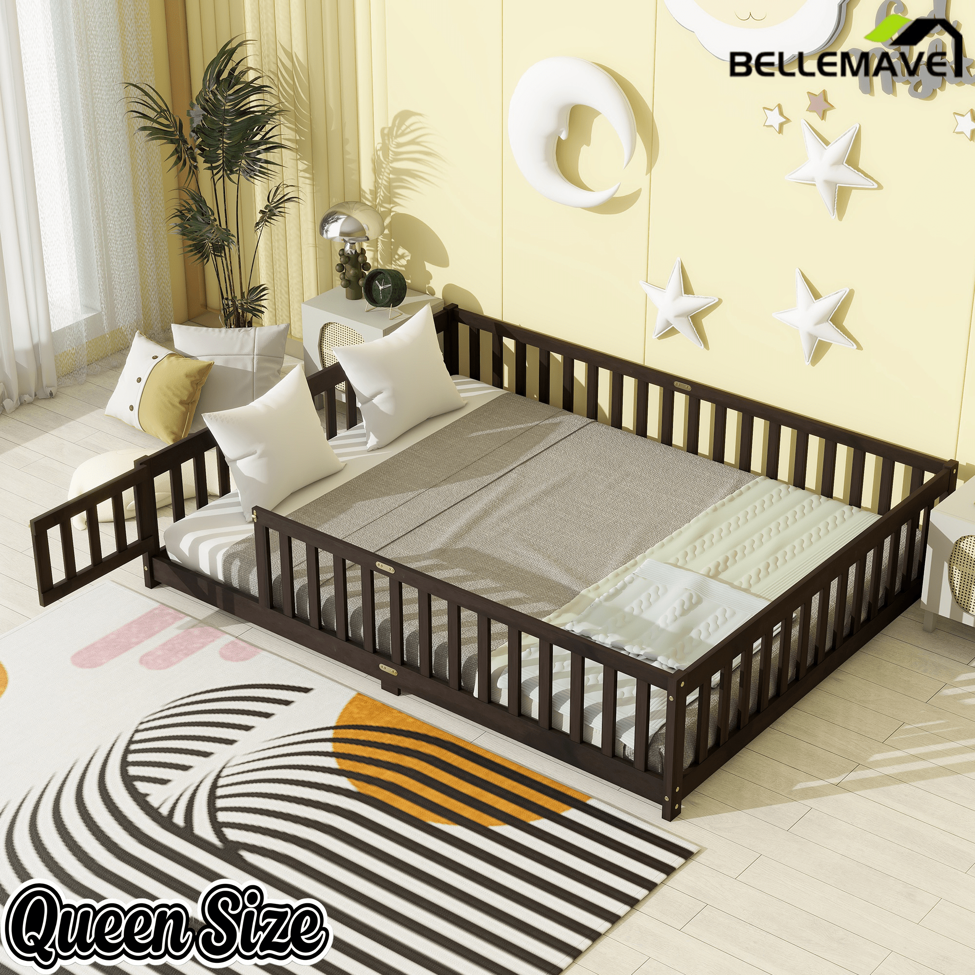 Bellemave® Queen Size Floor Bed Frame with Slats & Fence for Kids,Solid Wood Montessori Floor Bed with Door & Safety Guardrails - Bellemave