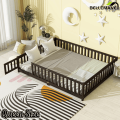 Bellemave® Queen Size Floor Bed Frame with Slats & Fence for Kids,Solid Wood Montessori Floor Bed with Door & Safety Guardrails - Bellemave