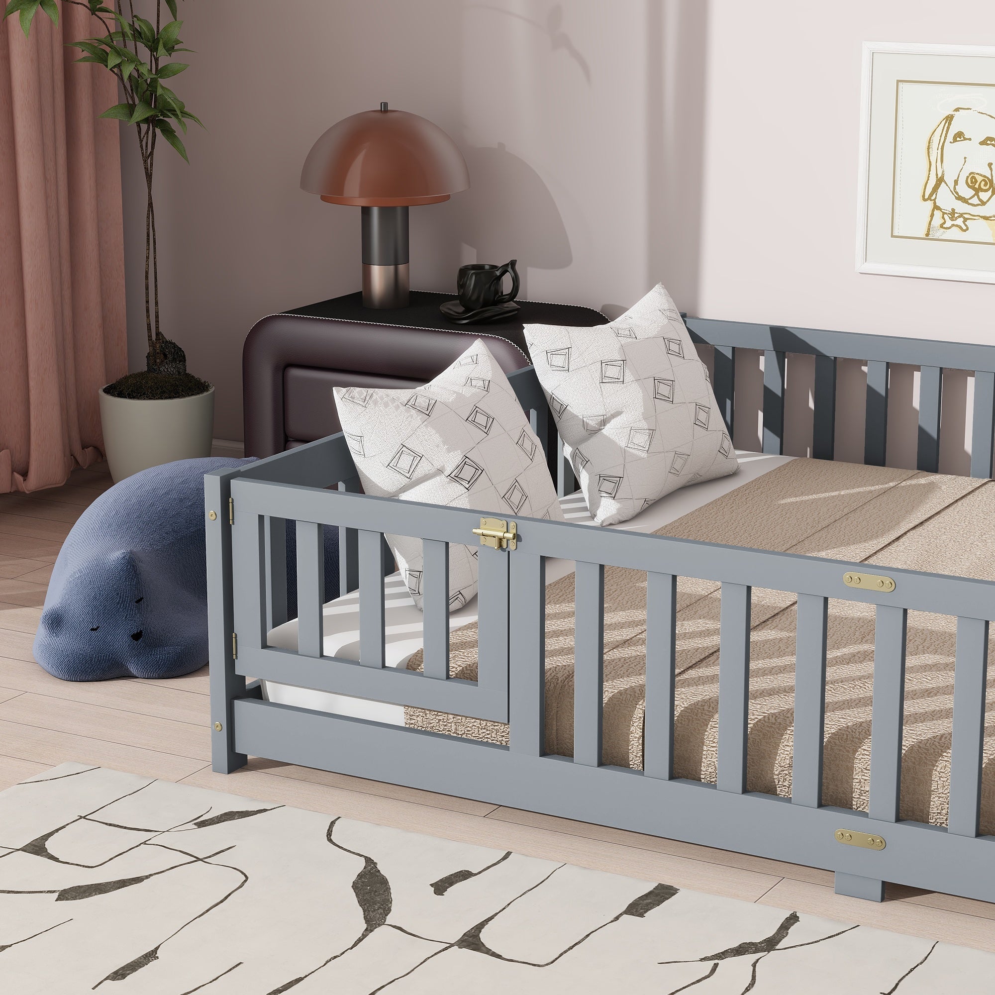 Bellemave® Queen Size Floor Bed Frame with Slats & Fence for Kids,Solid Wood Montessori Floor Bed with Door & Safety Guardrails - Bellemave