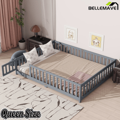 Bellemave® Queen Size Floor Bed Frame with Slats & Fence for Kids,Solid Wood Montessori Floor Bed with Door & Safety Guardrails - Bellemave
