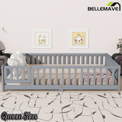 Bellemave® Queen Size Floor Bed Frame with Slats & Fence for Kids,Solid Wood Montessori Floor Bed with Door & Safety Guardrails - Bellemave