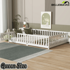 Bellemave® Queen Size Floor Bed Frame with Slats & Fence for Kids,Solid Wood Montessori Floor Bed with Door & Safety Guardrails - Bellemave