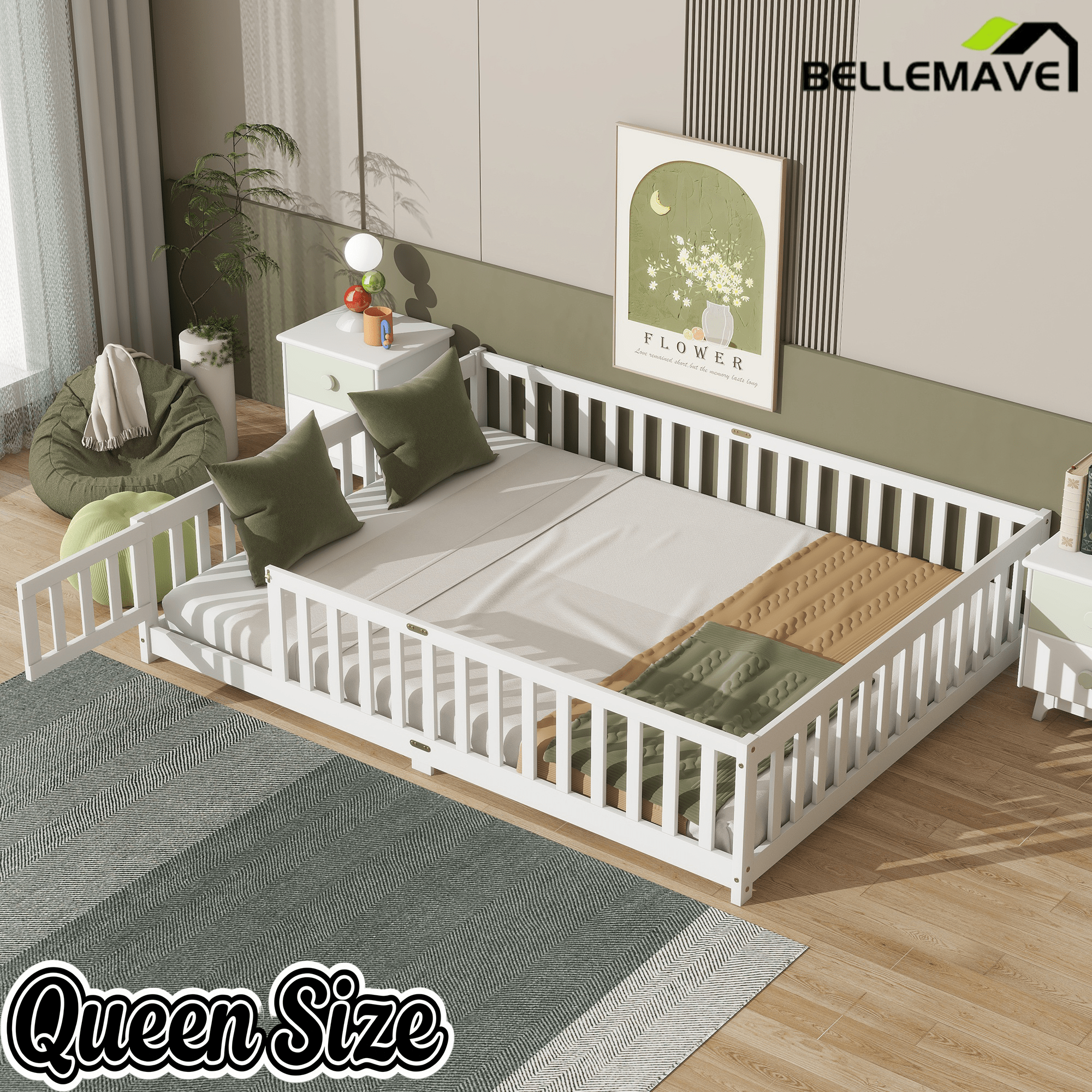 Bellemave® Queen Size Floor Bed Frame with Slats & Fence for Kids,Solid Wood Montessori Floor Bed with Door & Safety Guardrails - Bellemave