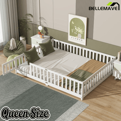 Bellemave® Queen Size Floor Bed Frame with Slats & Fence for Kids,Solid Wood Montessori Floor Bed with Door & Safety Guardrails - Bellemave