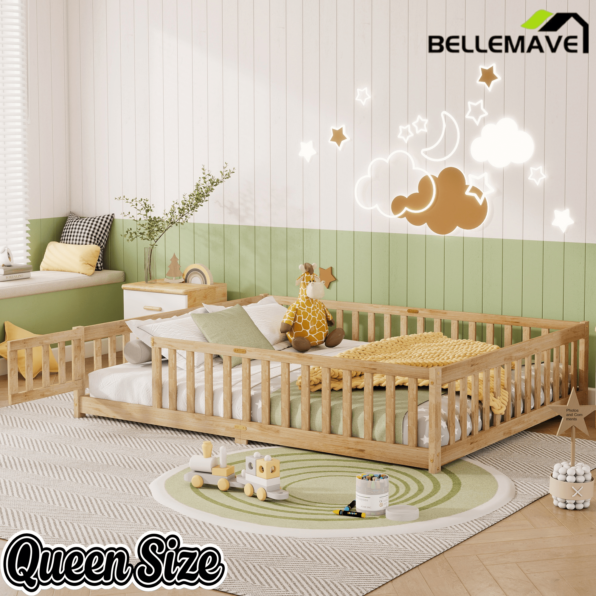 Bellemave® Queen Size Floor Bed Frame with Slats & Fence for Kids,Solid Wood Montessori Floor Bed with Door & Safety Guardrails - Bellemave