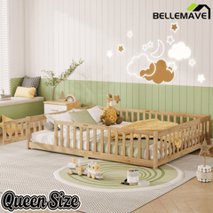Bellemave® Queen Size Floor Bed Frame with Slats & Fence for Kids,Solid Wood Montessori Floor Bed with Door & Safety Guardrails - Bellemave