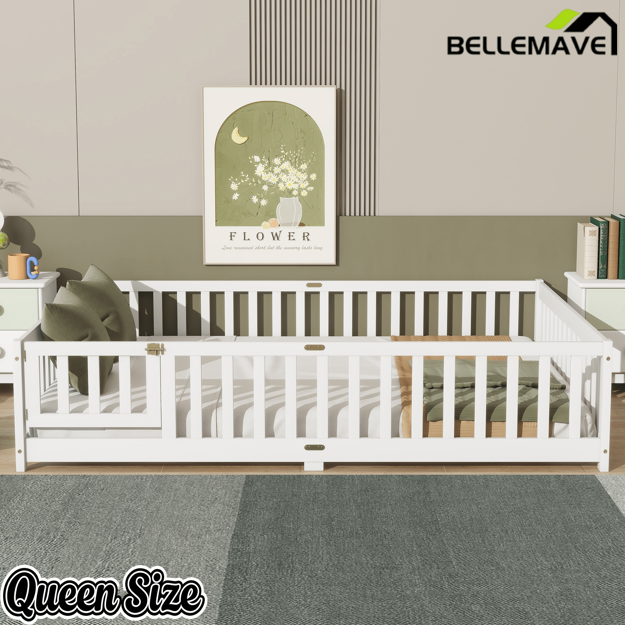 Bellemave® Queen Size Floor Bed Frame with Slats & Fence for Kids,Solid Wood Montessori Floor Bed with Door & Safety Guardrails - Bellemave