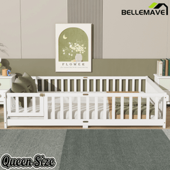 Bellemave® Queen Size Floor Bed Frame with Slats & Fence for Kids,Solid Wood Montessori Floor Bed with Door & Safety Guardrails - Bellemave