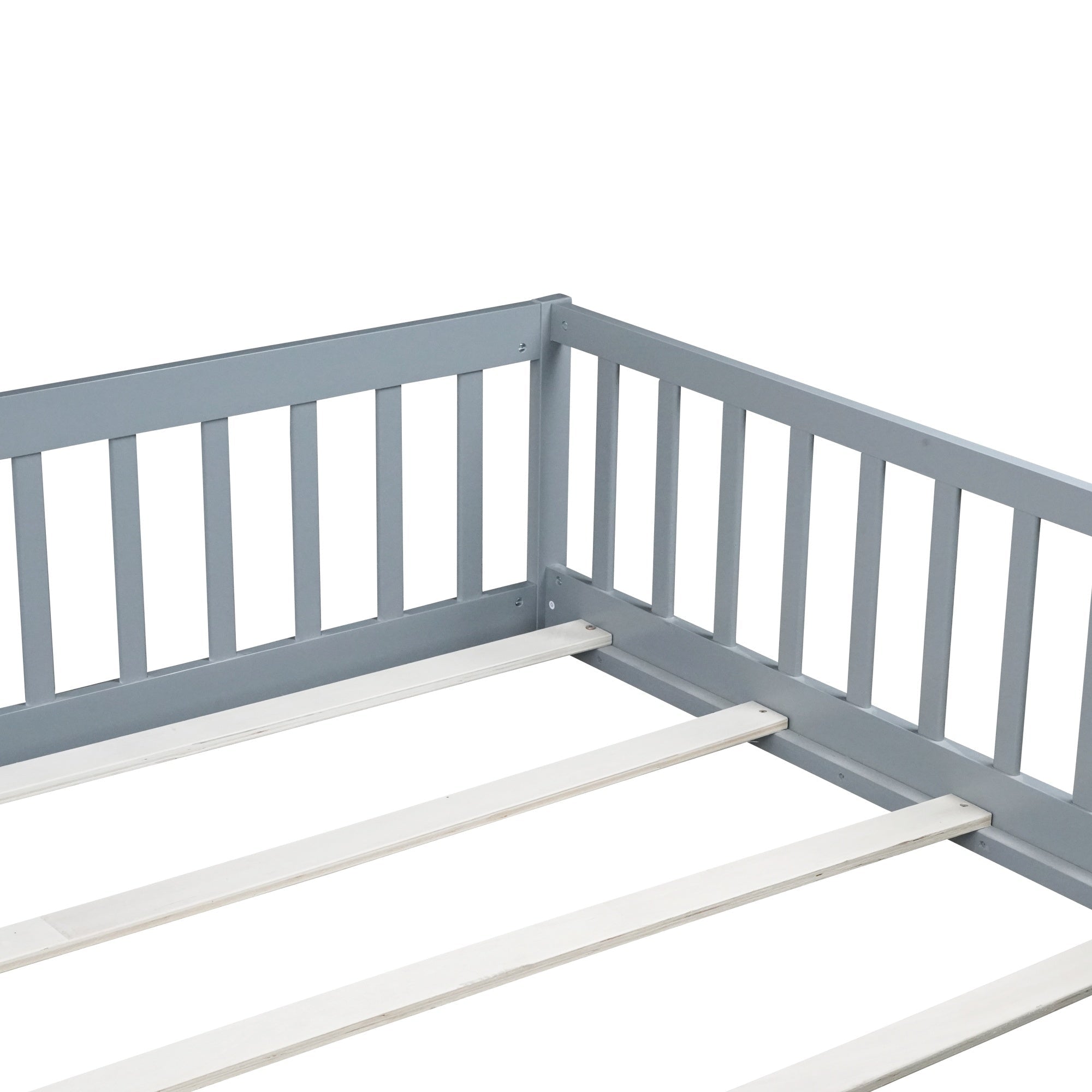 Bellemave® Queen Size Floor Bed Frame with Slats & Fence for Kids,Solid Wood Montessori Floor Bed with Door & Safety Guardrails - Bellemave