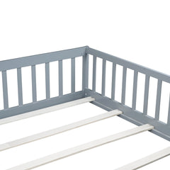 Bellemave® Queen Size Floor Bed Frame with Slats & Fence for Kids,Solid Wood Montessori Floor Bed with Door & Safety Guardrails - Bellemave