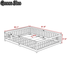 Bellemave® Queen Size Floor Bed Frame with Slats & Fence for Kids,Solid Wood Montessori Floor Bed with Door & Safety Guardrails - Bellemave