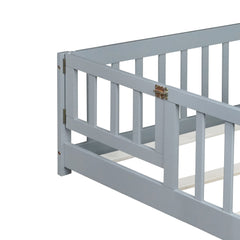 Bellemave® Queen Size Floor Bed Frame with Slats & Fence for Kids,Solid Wood Montessori Floor Bed with Door & Safety Guardrails - Bellemave