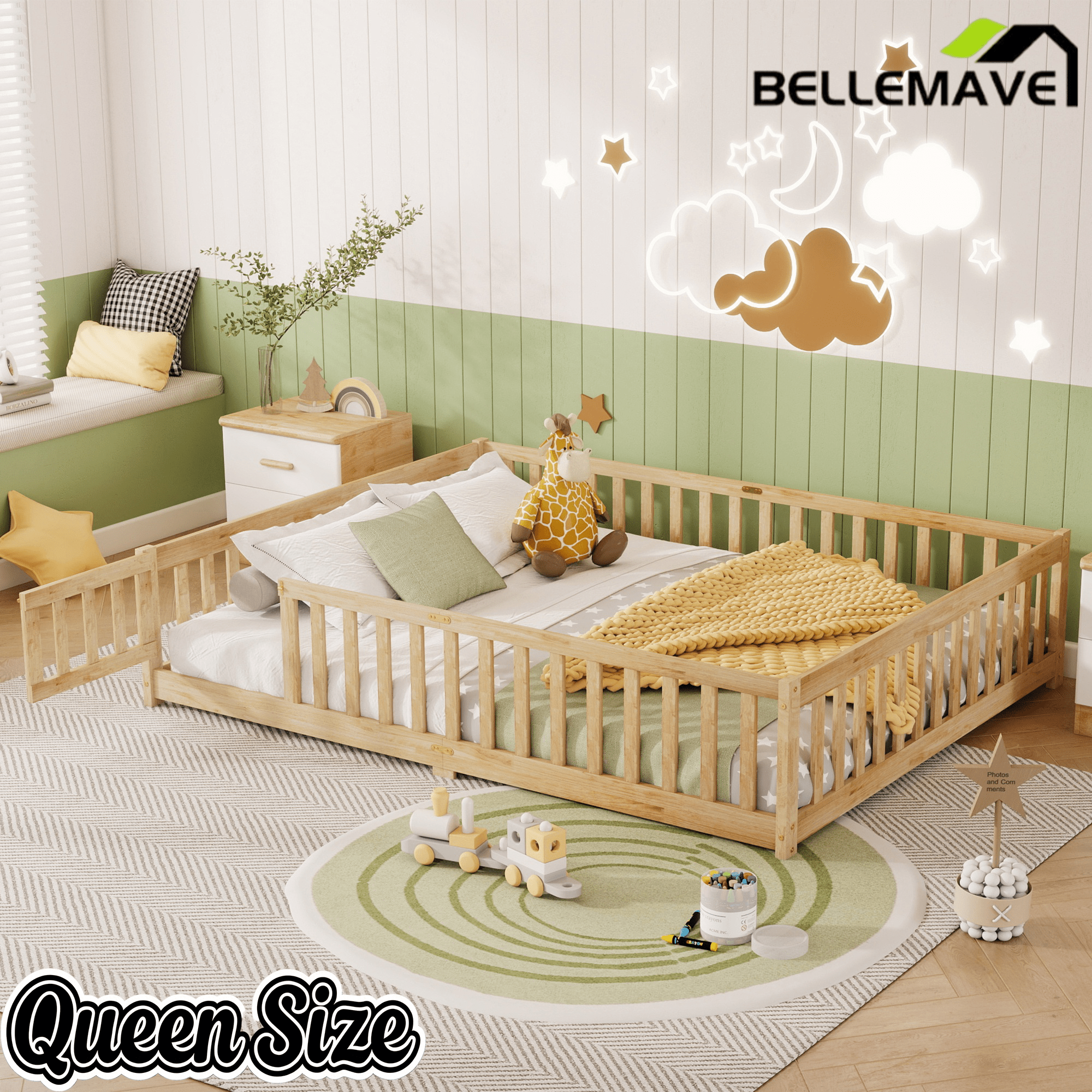 Bellemave® Queen Size Floor Bed Frame with Slats & Fence for Kids,Solid Wood Montessori Floor Bed with Door & Safety Guardrails - Bellemave