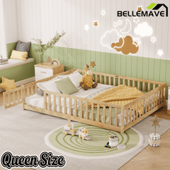 Bellemave® Queen Size Floor Bed Frame with Slats & Fence for Kids,Solid Wood Montessori Floor Bed with Door & Safety Guardrails - Bellemave