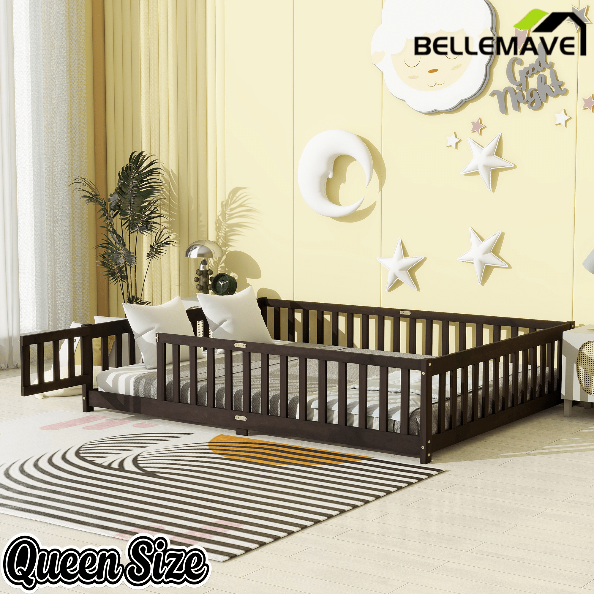 Bellemave® Queen Size Floor Bed Frame with Slats & Fence for Kids,Solid Wood Montessori Floor Bed with Door & Safety Guardrails - Bellemave
