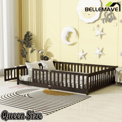 Bellemave® Queen Size Floor Bed Frame with Slats & Fence for Kids,Solid Wood Montessori Floor Bed with Door & Safety Guardrails - Bellemave