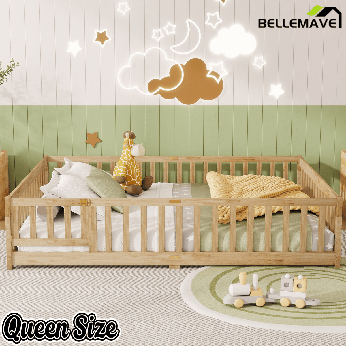 Bellemave® Queen Size Floor Bed Frame with Slats & Fence for Kids,Solid Wood Montessori Floor Bed with Door & Safety Guardrails - Bellemave