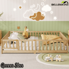 Bellemave® Queen Size Floor Bed Frame with Slats & Fence for Kids,Solid Wood Montessori Floor Bed with Door & Safety Guardrails - Bellemave