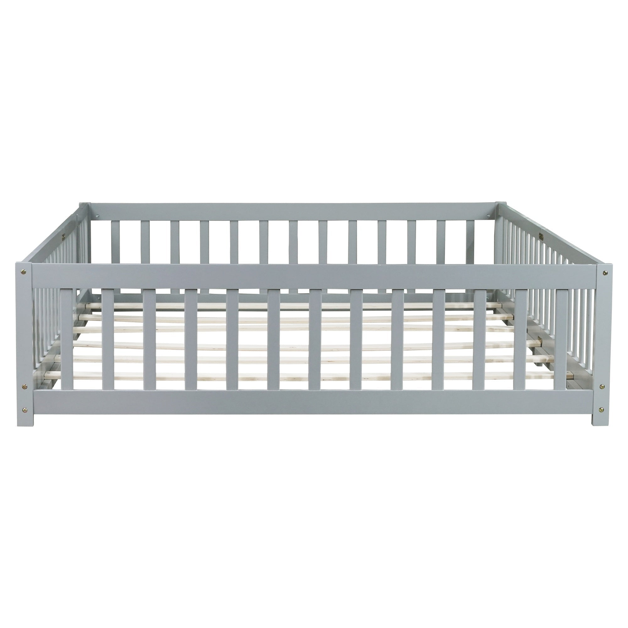 Bellemave® Queen Size Floor Bed Frame with Slats & Fence for Kids,Solid Wood Montessori Floor Bed with Door & Safety Guardrails - Bellemave