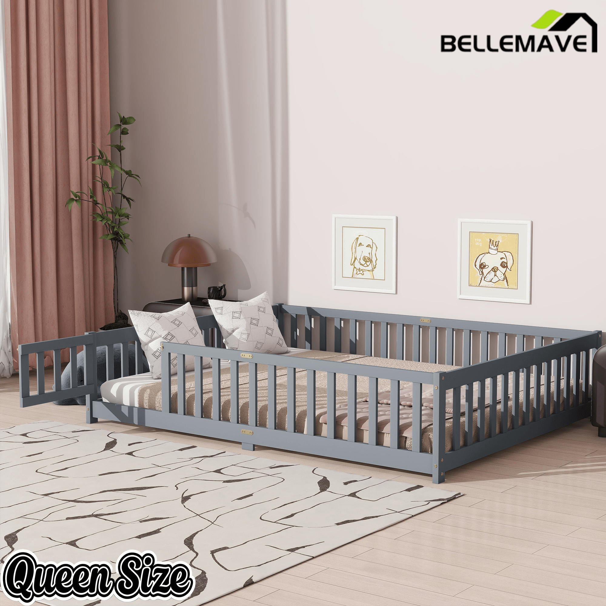 Bellemave® Queen Size Floor Bed Frame with Slats & Fence for Kids,Solid Wood Montessori Floor Bed with Door & Safety Guardrails - Bellemave
