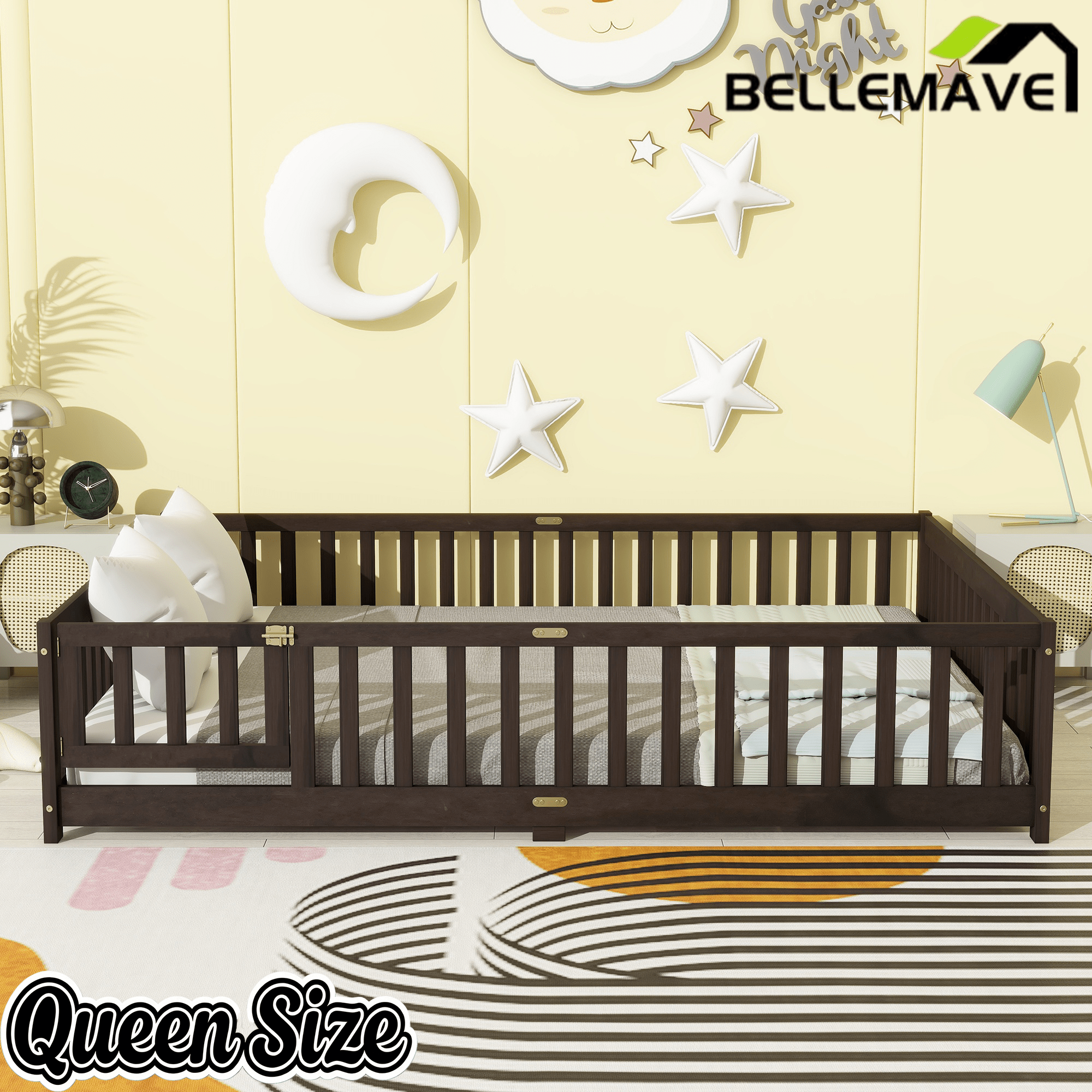 Bellemave® Queen Size Floor Bed Frame with Slats & Fence for Kids,Solid Wood Montessori Floor Bed with Door & Safety Guardrails - Bellemave