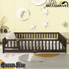 Bellemave® Queen Size Floor Bed Frame with Slats & Fence for Kids,Solid Wood Montessori Floor Bed with Door & Safety Guardrails - Bellemave