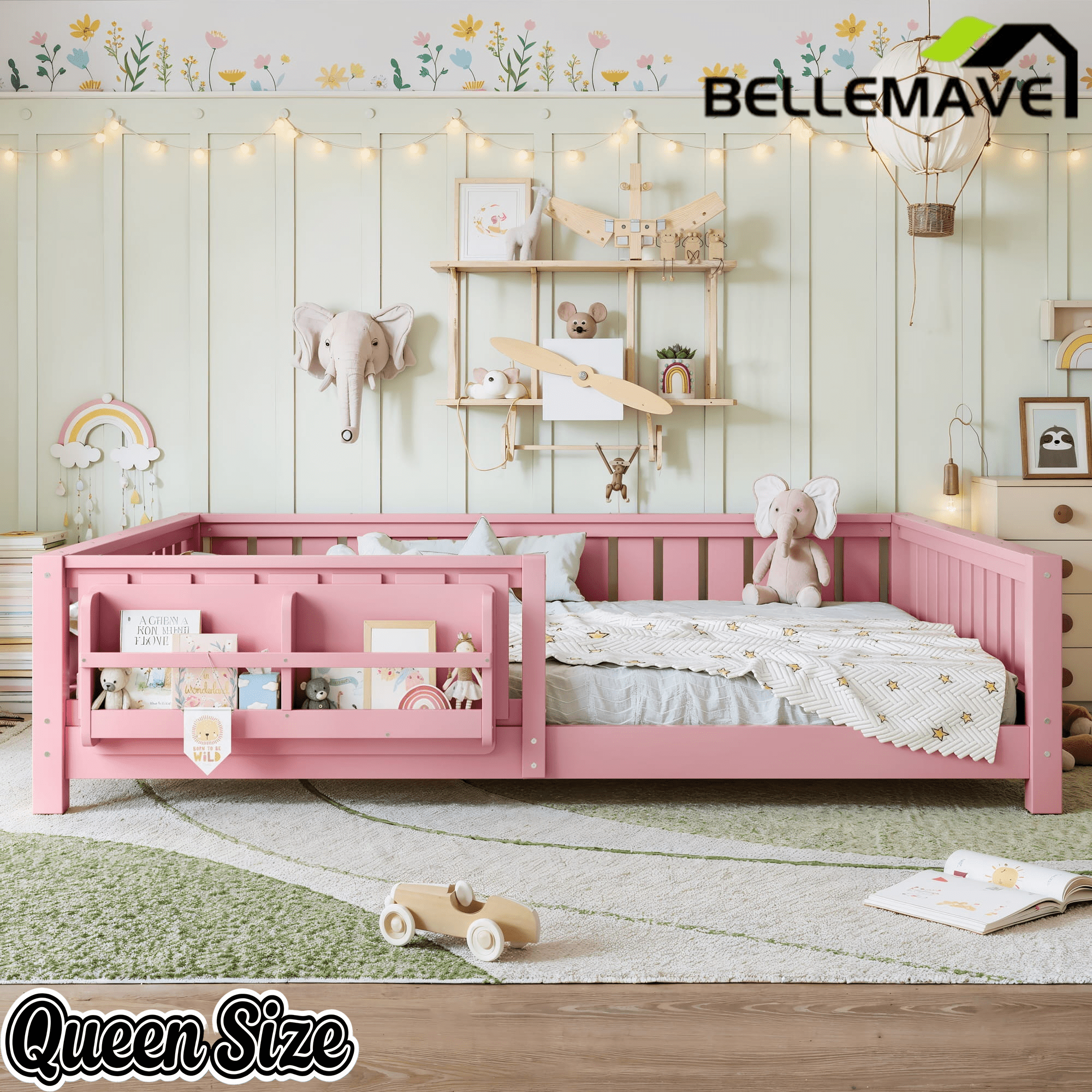 Bellemave® Queen Size Floor Bed with Slats and Safety Guardrail, Easy Assemble Montessori Beds with Fence and Built-in Bookshelf for Girls, Boys, White - Bellemave