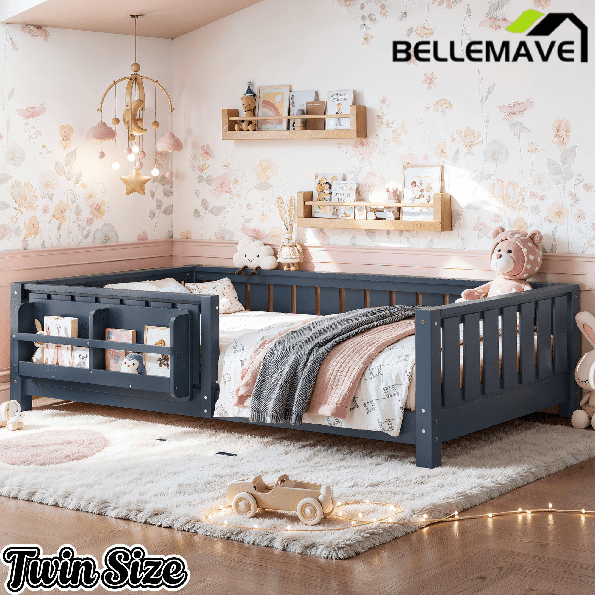 Bellemave® Queen Size Floor Bed with Slats and Safety Guardrail, Easy Assemble Montessori Beds with Fence and Built - in Bookshelf for Girls, Boys, White - Bellemave
