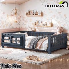 Bellemave® Queen Size Floor Bed with Slats and Safety Guardrail, Easy Assemble Montessori Beds with Fence and Built - in Bookshelf for Girls, Boys, White - Bellemave