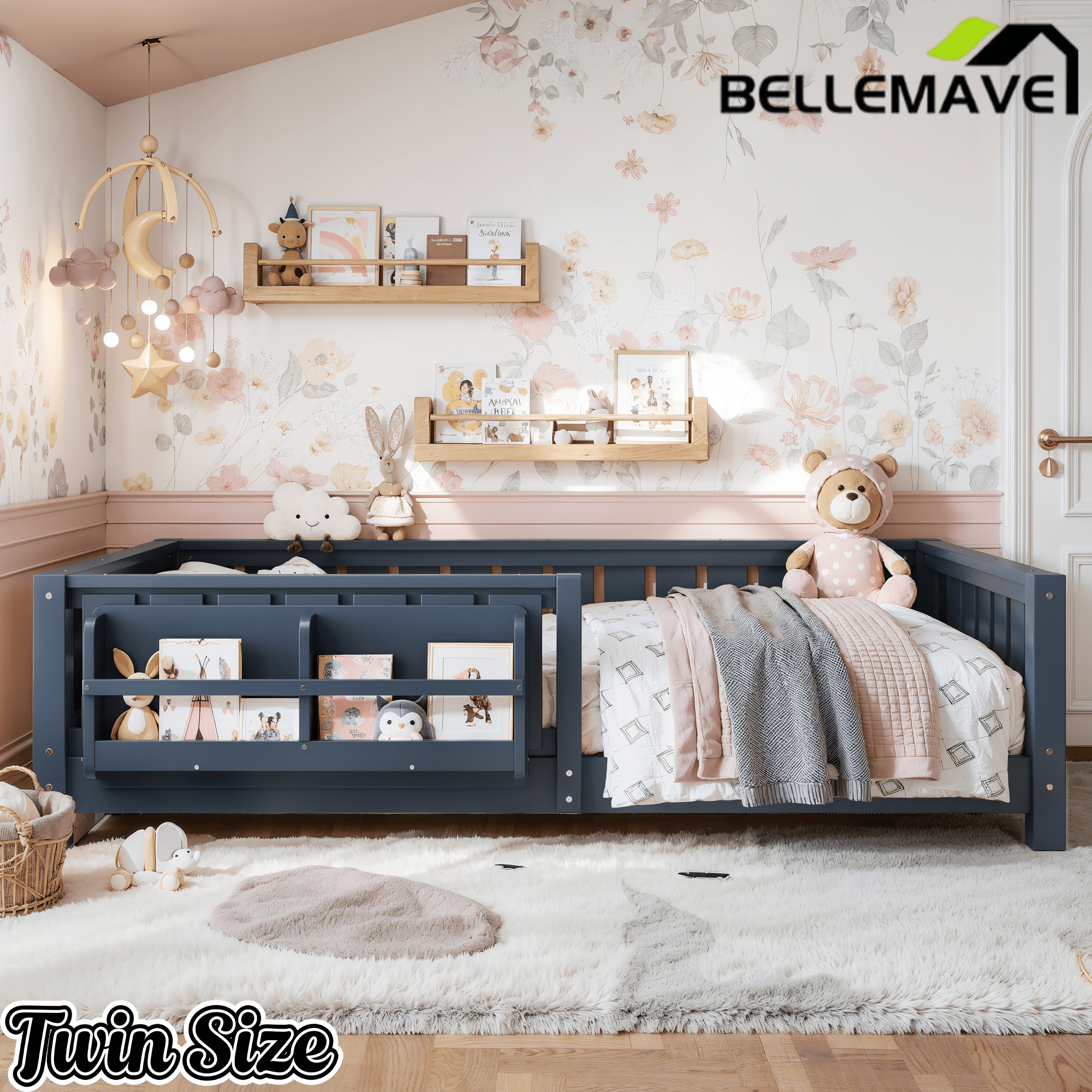 Bellemave® Queen Size Floor Bed with Slats and Safety Guardrail, Easy Assemble Montessori Beds with Fence and Built - in Bookshelf for Girls, Boys, White - Bellemave