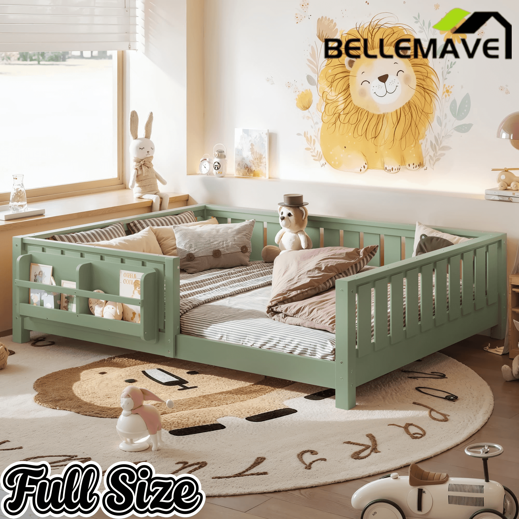 Bellemave® Queen Size Floor Bed with Slats and Safety Guardrail, Easy Assemble Montessori Beds with Fence and Built-in Bookshelf for Girls, Boys, White - Bellemave