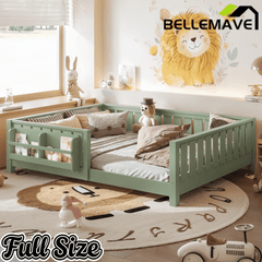 Bellemave® Queen Size Floor Bed with Slats and Safety Guardrail, Easy Assemble Montessori Beds with Fence and Built-in Bookshelf for Girls, Boys, White - Bellemave