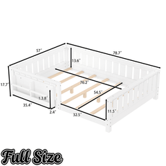 Bellemave® Queen Size Floor Bed with Slats and Safety Guardrail, Easy Assemble Montessori Beds with Fence and Built - in Bookshelf for Girls, Boys, White - Bellemave