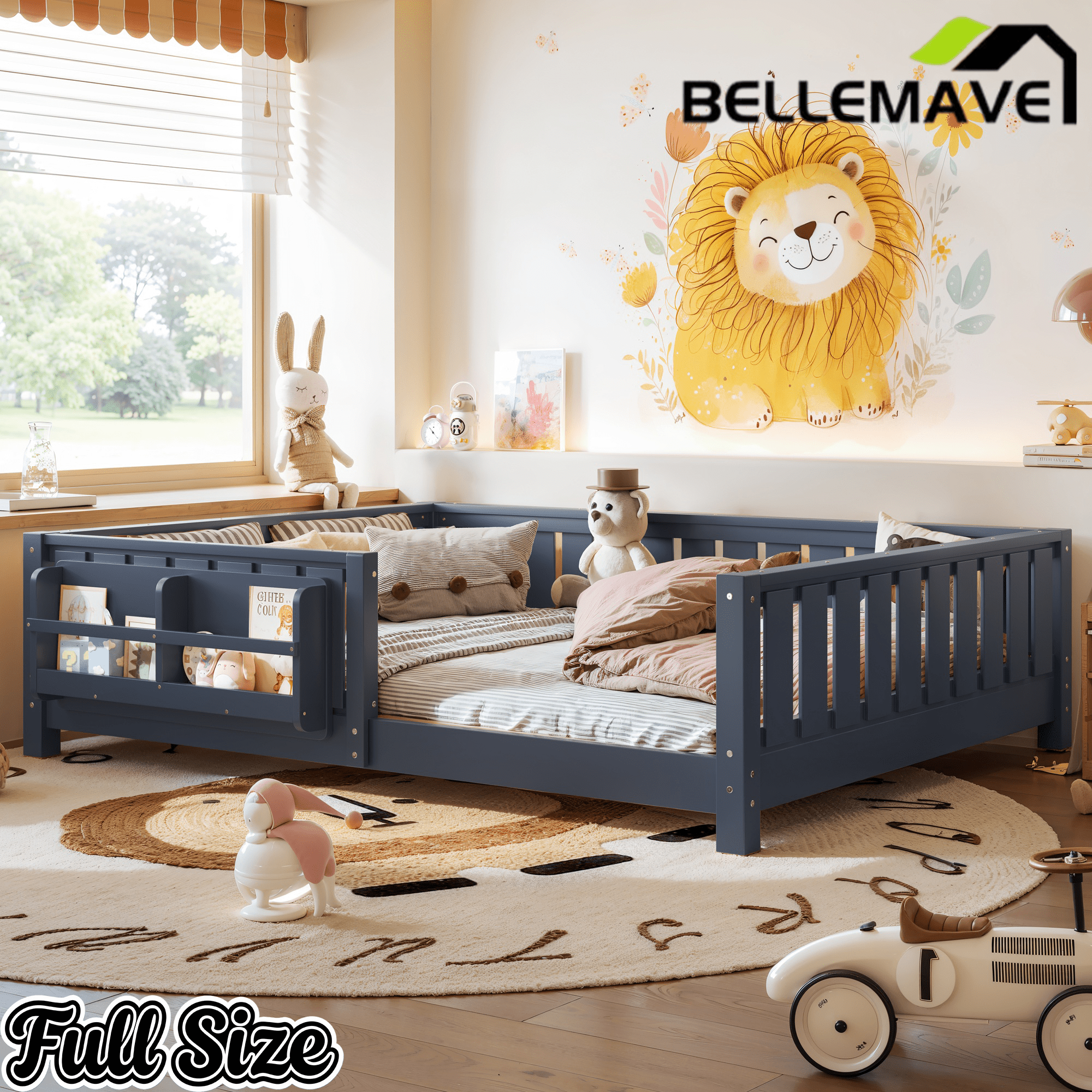 Bellemave® Queen Size Floor Bed with Slats and Safety Guardrail, Easy Assemble Montessori Beds with Fence and Built - in Bookshelf for Girls, Boys, White - Bellemave