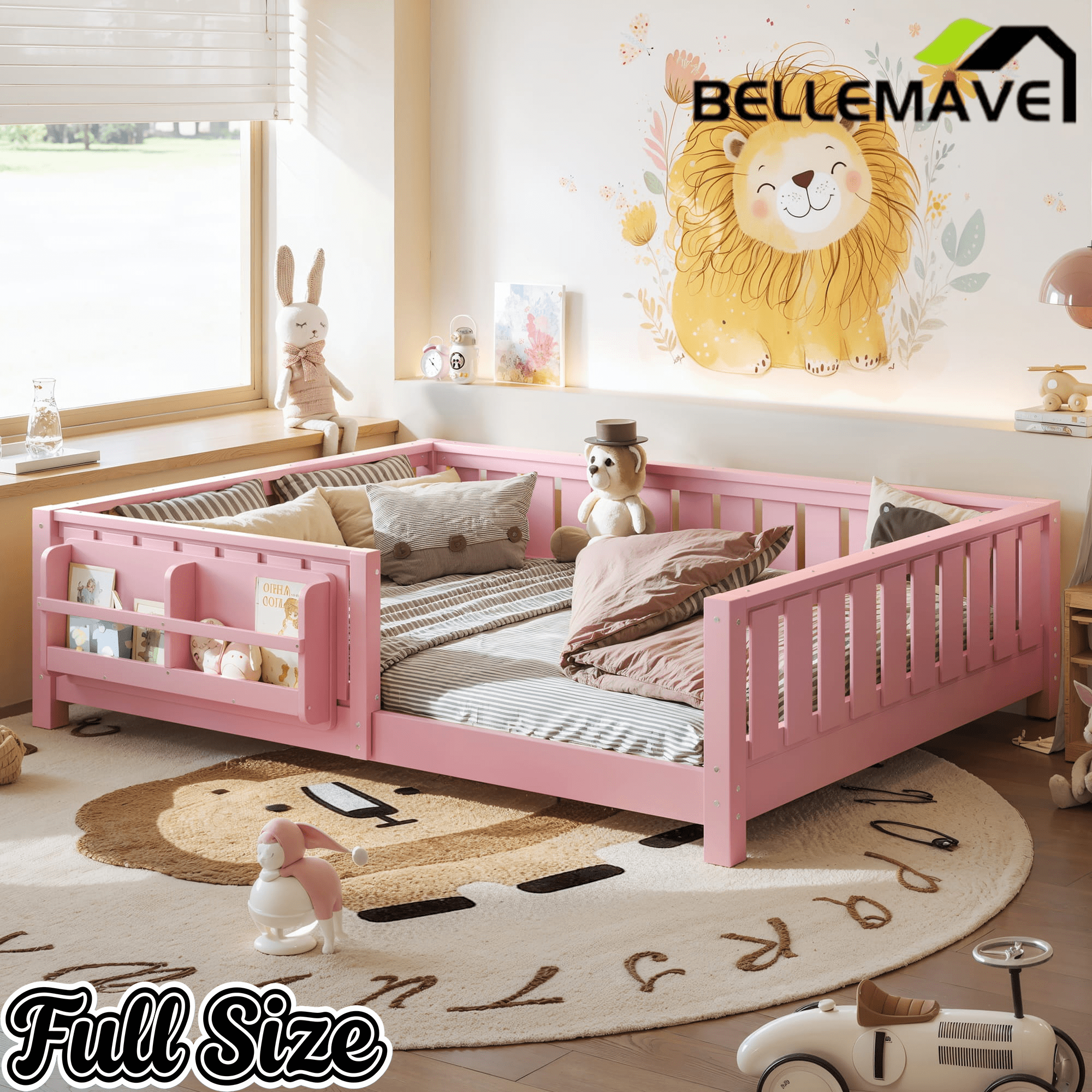 Bellemave® Queen Size Floor Bed with Slats and Safety Guardrail, Easy Assemble Montessori Beds with Fence and Built-in Bookshelf for Girls, Boys, White - Bellemave