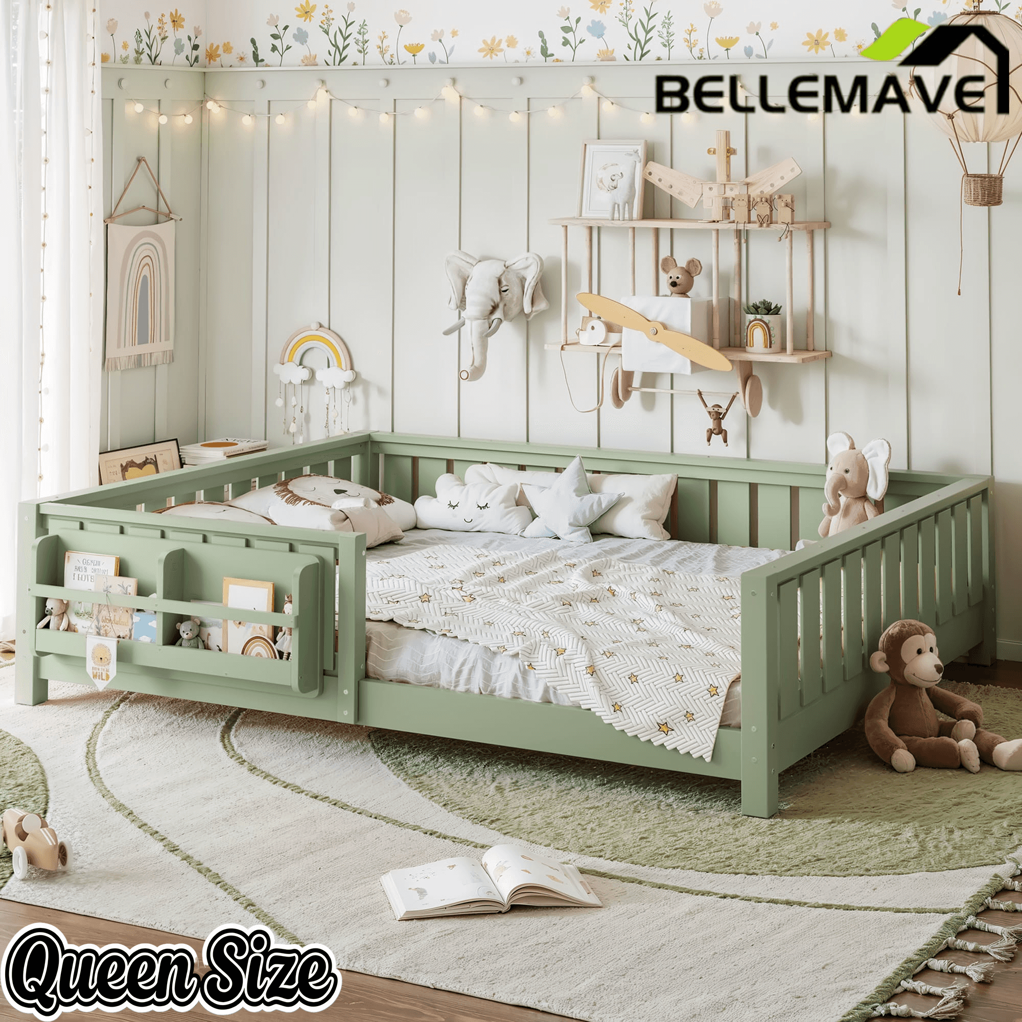 Bellemave® Queen Size Floor Bed with Slats and Safety Guardrail, Easy Assemble Montessori Beds with Fence and Built-in Bookshelf for Girls, Boys, White - Bellemave