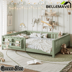 Bellemave® Queen Size Floor Bed with Slats and Safety Guardrail, Easy Assemble Montessori Beds with Fence and Built-in Bookshelf for Girls, Boys, White - Bellemave