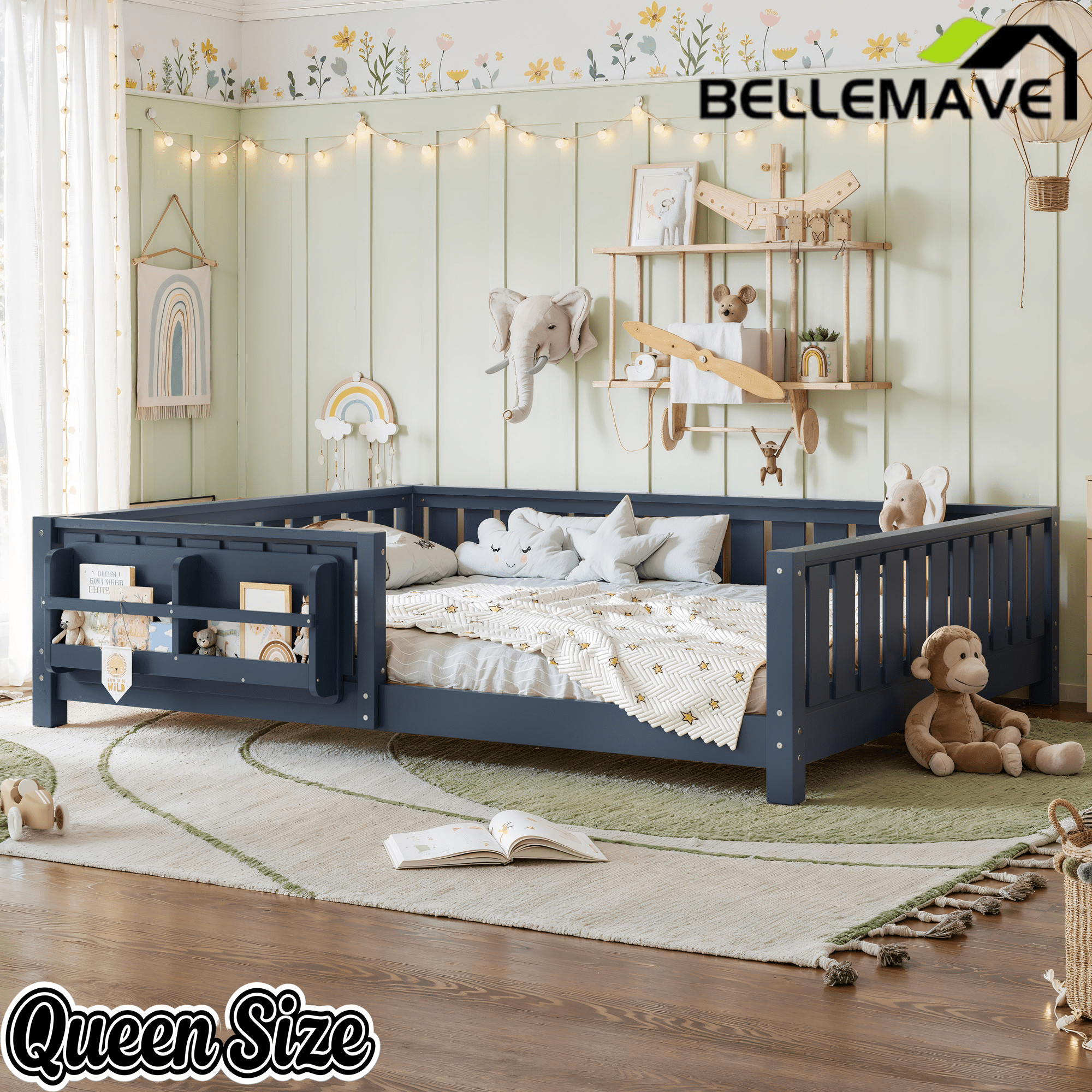 Bellemave® Queen Size Floor Bed with Slats and Safety Guardrail, Easy Assemble Montessori Beds with Fence and Built - in Bookshelf for Girls, Boys, White - Bellemave