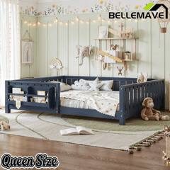 Bellemave® Queen Size Floor Bed with Slats and Safety Guardrail, Easy Assemble Montessori Beds with Fence and Built - in Bookshelf for Girls, Boys, White - Bellemave