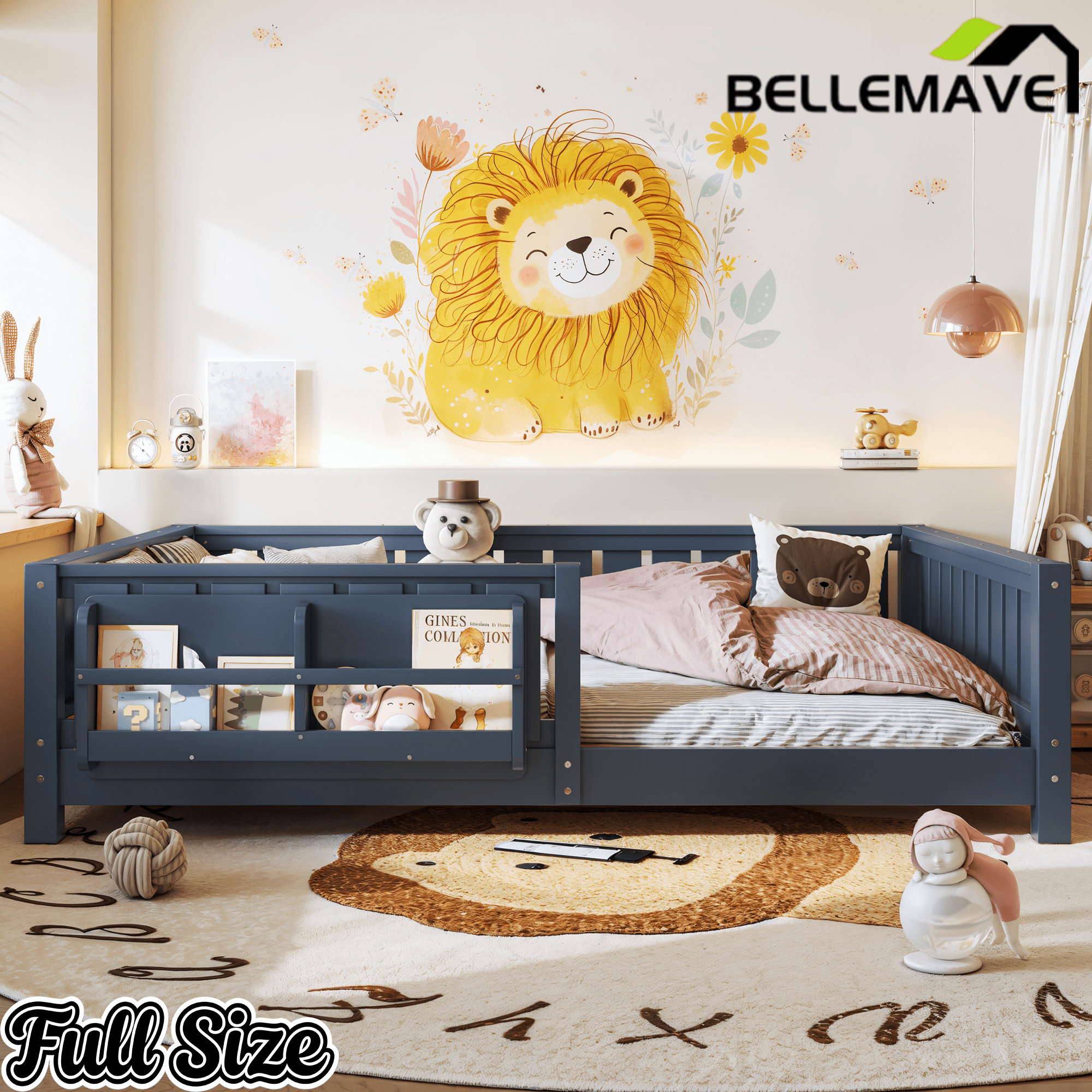 Bellemave® Queen Size Floor Bed with Slats and Safety Guardrail, Easy Assemble Montessori Beds with Fence and Built - in Bookshelf for Girls, Boys, White - Bellemave
