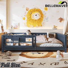Bellemave® Queen Size Floor Bed with Slats and Safety Guardrail, Easy Assemble Montessori Beds with Fence and Built - in Bookshelf for Girls, Boys, White - Bellemave